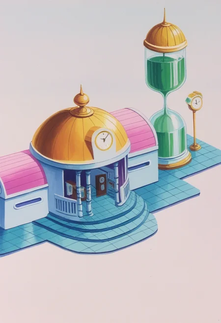 score_9, score_8_up, score_7_up, BREAK time chamber, clock, grey background, white floor, pillar, retro artstyle, building, outdoors, hourglass, tile floor, lamppost, white sky, horizon, round roof, from above    <lora:HBTCPony:1>