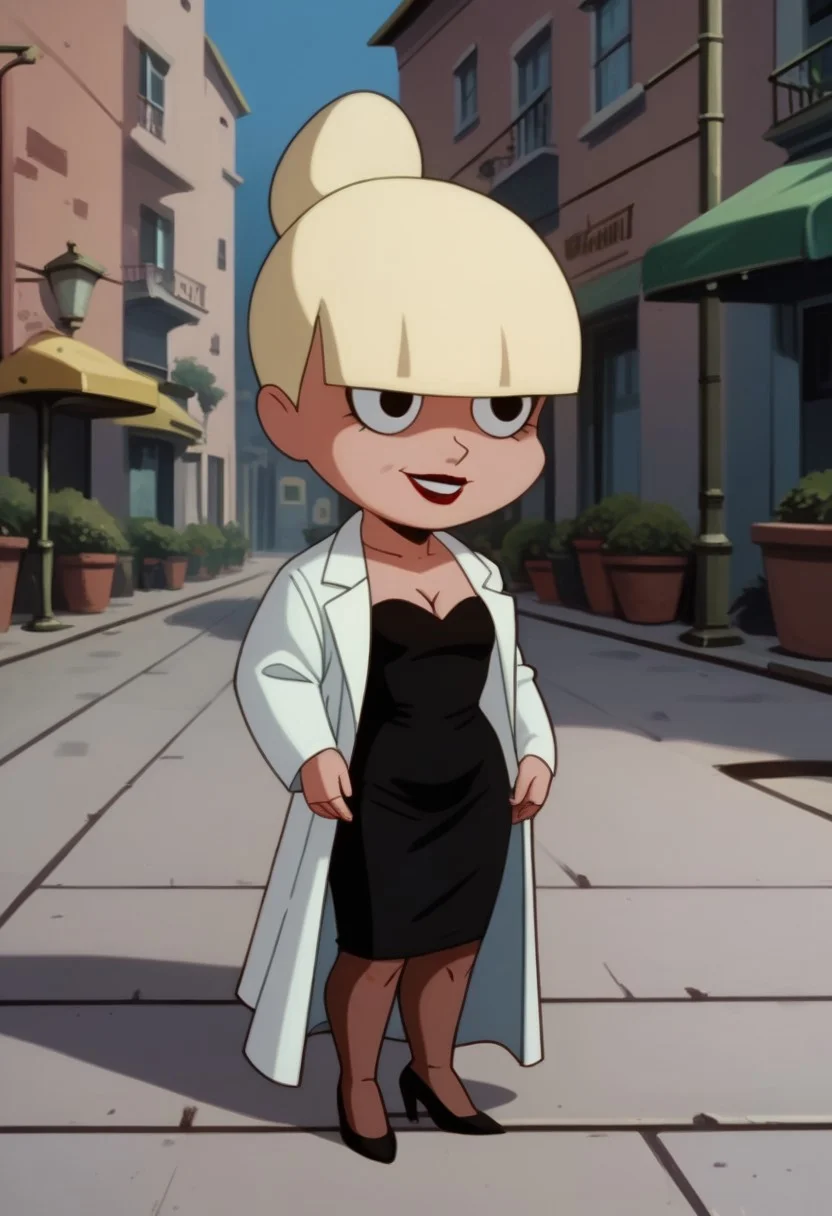 score_9, score_8_up, score_7_up, score_6_up, score_5_up, Mary_Dahl_Mature, blonde hair, blunt bangs, single hair bun, hair bun, black eyes, 1girl, solo, (chibi:0.5), (short, very short), black dress, cleavage, high heels, pantyhose, smile, lipstick, full body, detailed background, outdoors, street, night, trechcoat, open coat. neolight