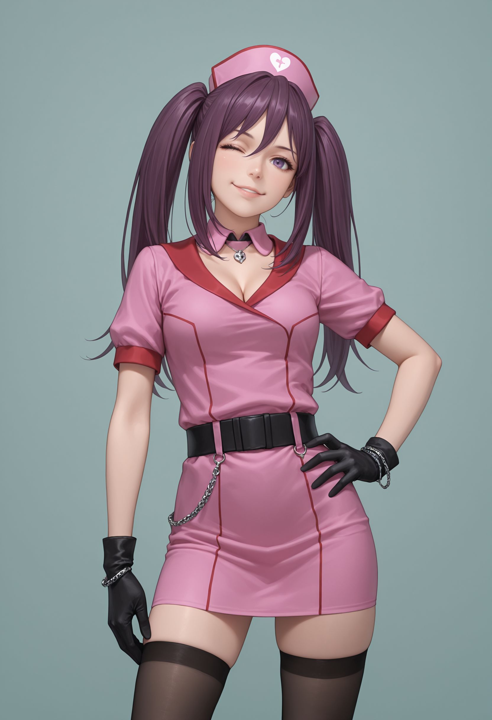 masterpiece,best quality,absurdres,highres,very aesthetic,high quality,detailed,insanely detailed,beautiful, , (realistic:0.5), solo, 1girl
very aesthetic, newest,looking at viewer, smile, hand on hips, light blue background, star symbol, one eye closed, very awa   <lora:Mitori Kouzaku illu V2:1>1girl, long hair, purple eyes, purple hair, twintails, hat, nurse cap, pink dress, black gloves, short sleeves, black thighhighs, cleavage, jewelry, belt