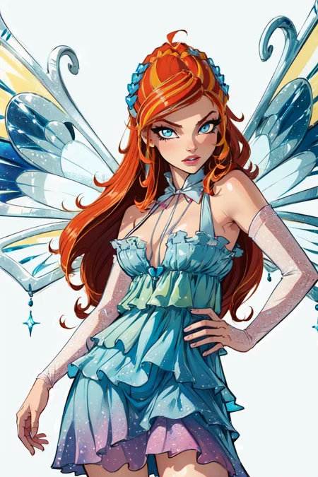 (Bloom:1.2), dress, fairy wings, red hair, blue eyes, sparkling outfit, (white background, solid white background:1.5), (realistic:1.2), (masterpiece:1.2), (full-body-shot:1),(Cowboy-shot:1.2), neon lighting, dark romantic lighting, (highly detailed:1.2),(detailed face:1.2), (gradients), colorful, detailed eyes,, (natural lighting:1.2), solo <lora:WinxClubEnchantixBloom-10:0.8> <lora:add_detail:0.3> <lora:BeautifulEyes:0.6>