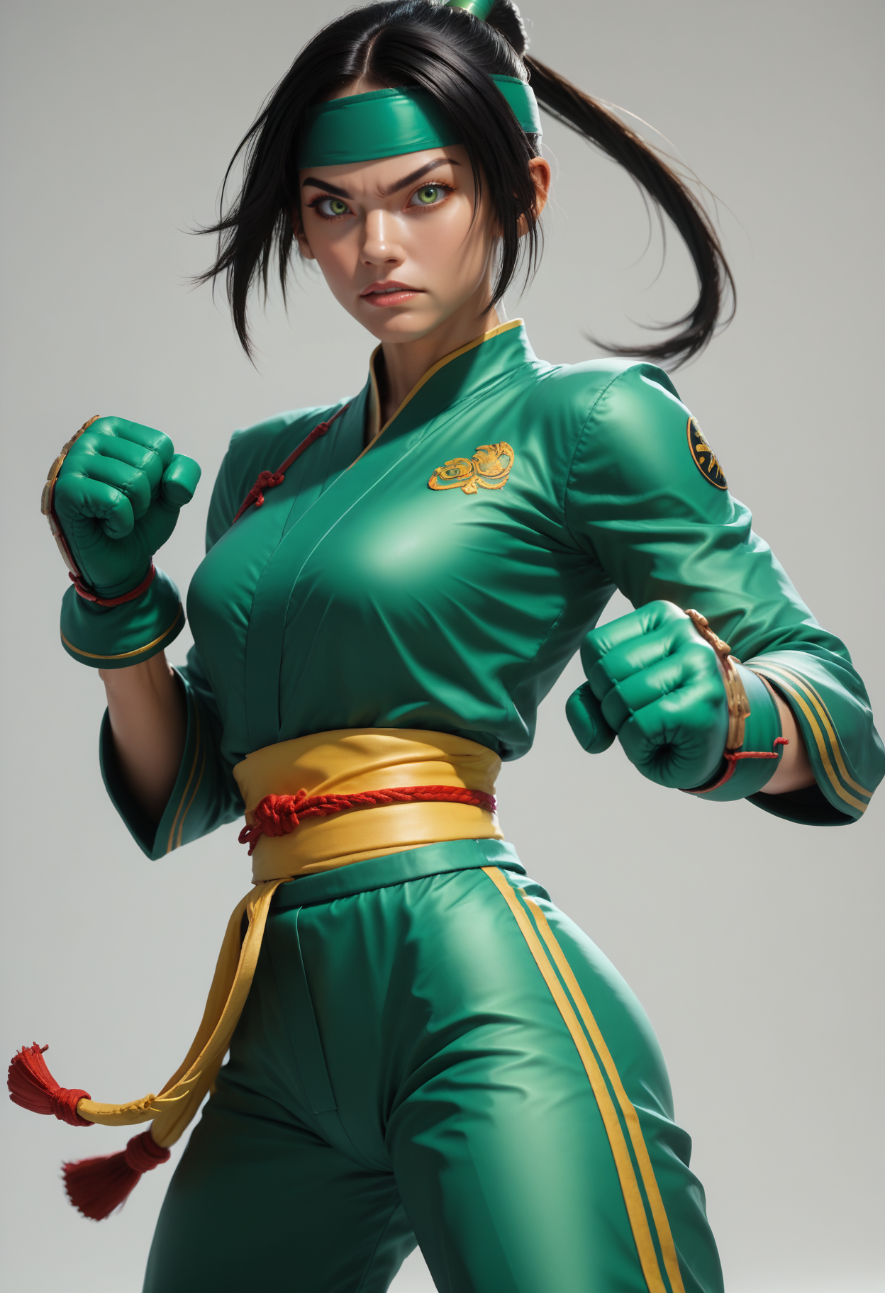score_9, score_8_up, score_7_up,
1girl, solo, kung fu class, jade green sparring uniform, sparring gloves, tied headband,
 <lora:Dark_Jade_Pony_v0.3:0.6> d4rkj4d3, black hair, green eyes,