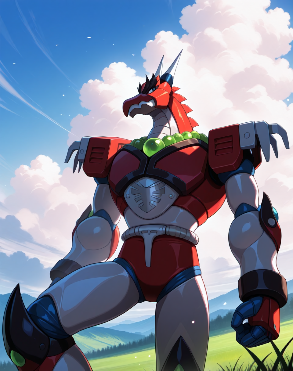 <lora:Magma_Dragoon_(Mega_Man_X)_(Illustrious)_(AD):1.5> Magma Dragoon, reploid, MMX, 
exterior, sky with clouds, grassy valley,
male focus, intense shadows, dynamic shadows, intricate details, attention to details, gradient coloring, bright vivid colors, robot, bent leg, glossy metal body, dragon, cowboy shot, 
BREAK very awe, masterpiece, best quality, amazing quality, very aesthetic, highres, absurdres, photographic realism, 8K CGI render,
EZRealPONYXL, zPDXL, Smooth Quality, lazynsfw,