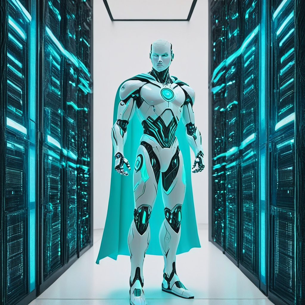 cybersecurityandroid, esetrobot, "A powerful robot in a turquoise cape performs a superhero landing in the middle of a futuristic data center. Its metallic body is accented with glowing turquoise highlights, and synthetic muscles show strength as it crouches with one fist on the ground. Surrounded by neon-lit server racks and holographic data streams, the robot’s intense, focused look emphasizes its heroic and unstoppable nature in this high-tech environment."