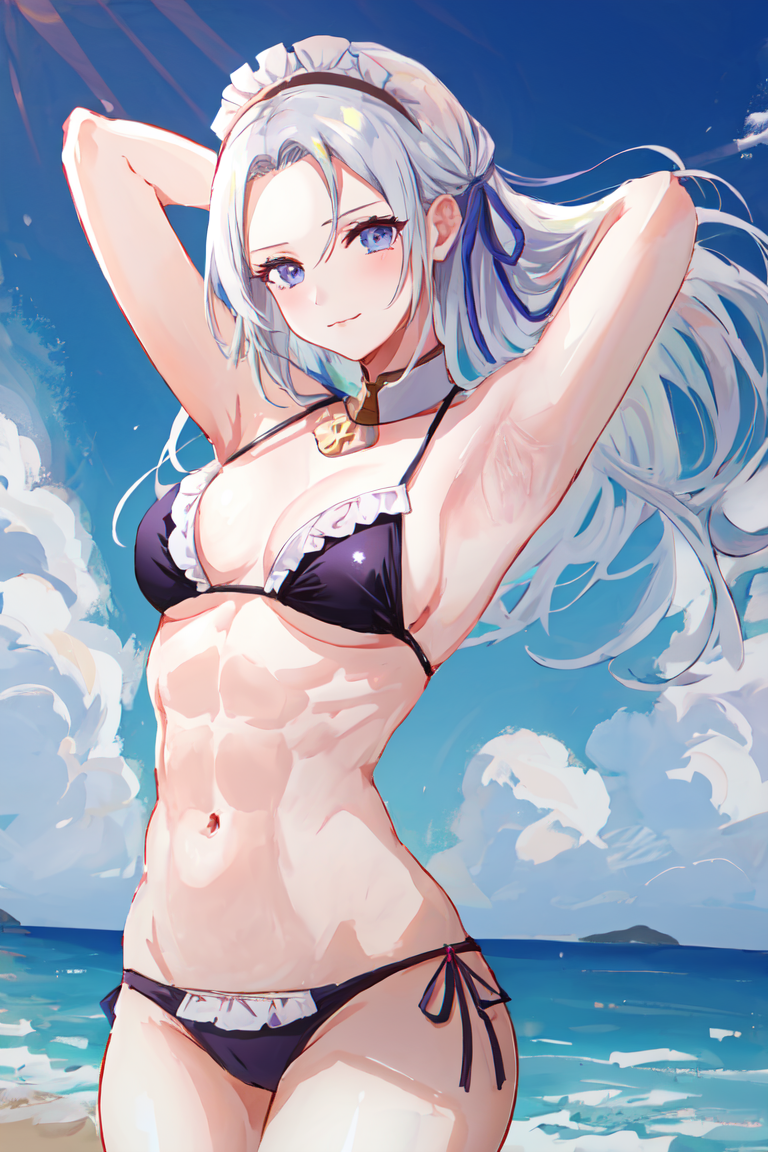 1girl, edelgard student, medium breasts,1girl, solo, maid bikini, sky,maid headdress, lips, closed mouth, curvy, muscular female,  arms up, presenting armpit, armpits, perfect propotions, hair ribbon, :3 , pov,