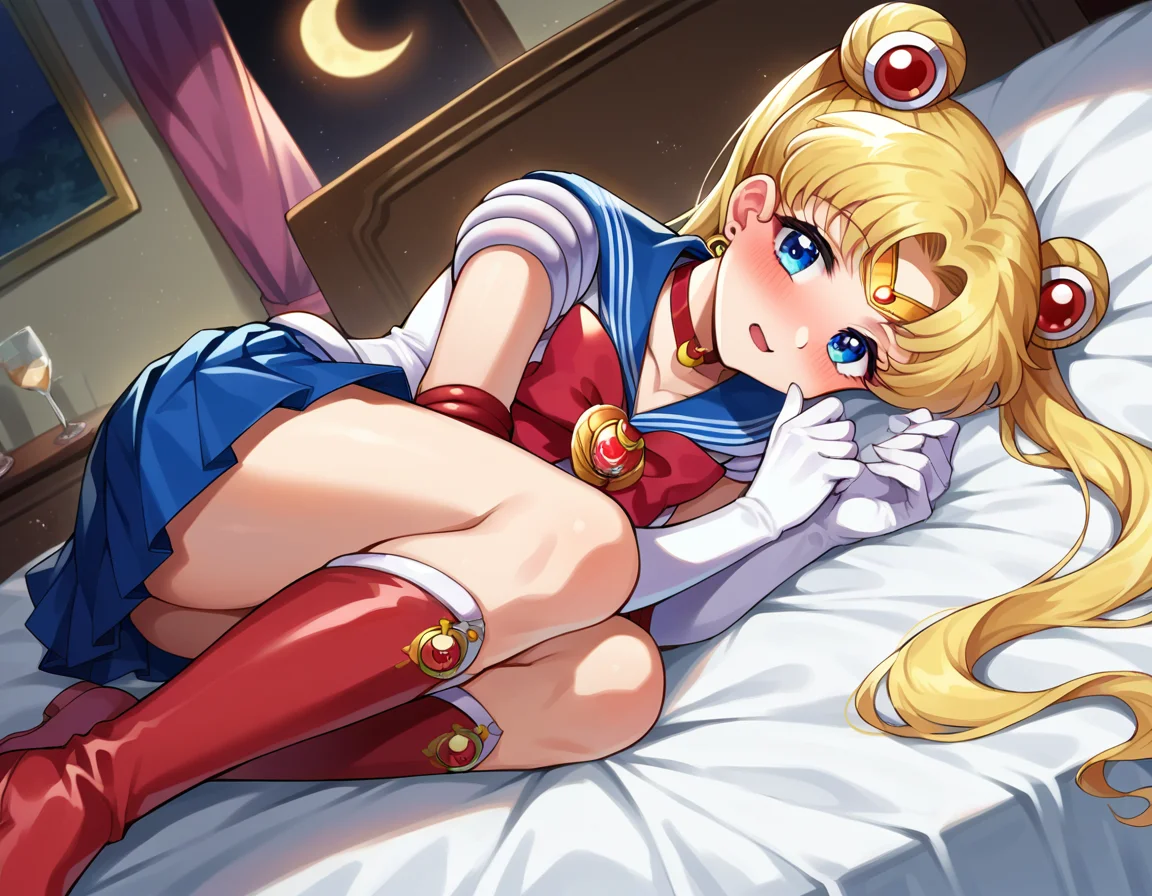 score_9, score_8_up, score_7_up, source_anime,
sailormoon, <lora:sailor-moon-ponyxl-lora-nochekaiser:1>
sailor moon, blonde hair, blue eyes, double bun, hair bun, hair ornament, long hair, twintails, circlet, parted bangs,
back bow, blue sailor collar, blue skirt, boots, bow, brooch, choker, crescent moon, elbow gloves, gloves, jewelry, knee boots, magical girl, pleated skirt, red bow, red choker, ribbon, sailor collar, sailor senshi uniform, skirt, white gloves,
indoors, bed, bed room, on side, blush, drunk,
looking at viewer, cowboy shot, dutch angle,