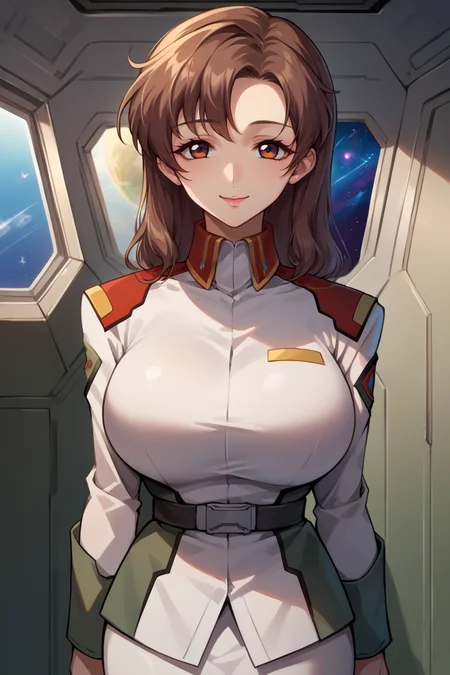 score_9, score_8_up, score_7_up, score_6_up, source_anime, BREAK 1girl, solo, <lora:murrue-pdxl-nvwls-v1-000005:1> murrue ramius, brown hair, white uniform, belt, white skirt, pantyhose, looking at you, space station, indoors, breasts, smile, upper body, outer space, big breasts