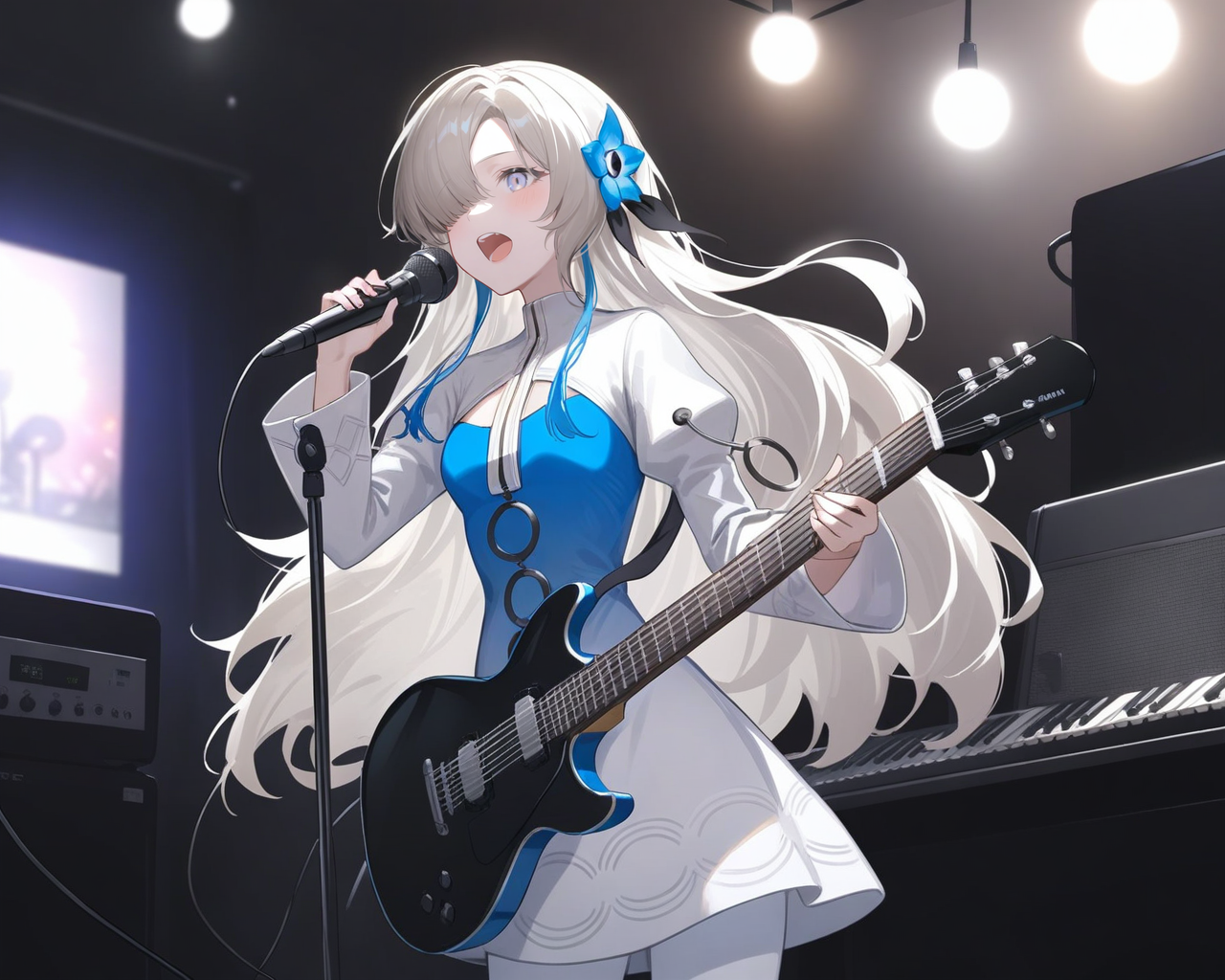 1girl, isekaijoucho, isekai joucho,
blue hair flower, gray wavy long hair, hair over one eye, multicolored hair, white blue two-tone dress, blue white gradient dress, puffy long sleeves, white pantyhose, high heel boots,
singing, (smile:0.3), eyes open, mouth open, indoor, recording studio, bokeh, outstreached arm, playing guitar, mic stand, standing, cowboy shot, musical band, man playing guitar, man playing drums, man playing keyboard \(instrument\),
masterpiece, best quality, very aesthetic,
<lora:neg4all_bdsqlsz_xl_V91:1>,  <lora:Isekaijoucho_anmgn31_C:0.6>,
