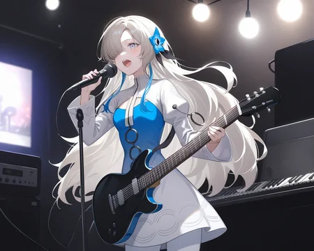 1girl, isekaijoucho, isekai joucho,
blue hair flower, gray wavy long hair, hair over one eye, multicolored hair, white blue two-tone dress, blue white gradient dress, puffy long sleeves, white pantyhose, high heel boots,
singing, (smile:0.3), eyes open, mouth open, indoor, recording studio, bokeh, outstreached arm, playing guitar, mic stand, standing, cowboy shot, musical band, man playing guitar, man playing drums, man playing keyboard \(instrument\),
masterpiece, best quality, very aesthetic,
<lora:neg4all_bdsqlsz_xl_V91:1>, <lora:Isekaijoucho_anmgn31_C:0.6>,