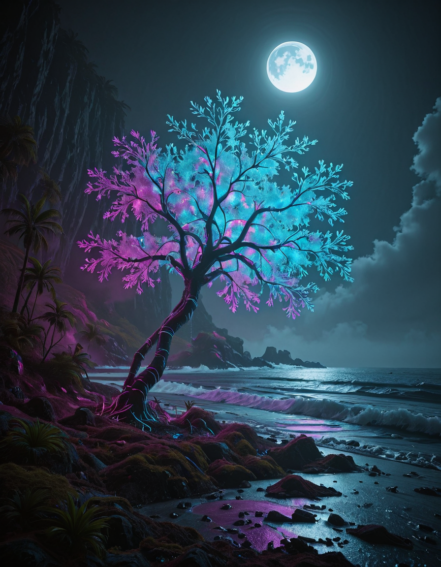 <lora:CWMinis01v2illb:1> cw01mini, hologram tree, tortured, colorful, vegetation, night, on the edge of an island, lost in the mist, moon, moonlight, sea, rocks, waves splashing,