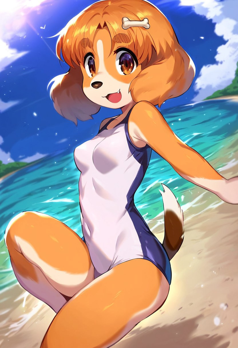 Solo, 1girl, female, young, small body, shortstack, cute face, furry, dog ears, dog tail, dog girl, small breasts, body fur, bone hair ornament, brown hair, brown eyes, animal nose, bangs, thick eyebrows, short hair, detailed eyes, detailed skin, detailed eyes, perfect face, happy, mouth wide open, big smile, BREAK one-piece swimsuit,  BREAK jumping, beach, outdoors, colorful, looking at viewer, dutch angle, fromt side view, BREAK ((ultra-detailed)), ((best quality)), ((best quality)), ((beautiful eyes)), ((extremely detailed)), 4K, (8K), best quality, (beautiful), Master piece, highres, score_9, score_8_up, score_7_up, score_6_up, score_5_up, score_4_up, colorful, best quality, official art, highres, masterpiece, nai3, god light, detailed background, high quality background,