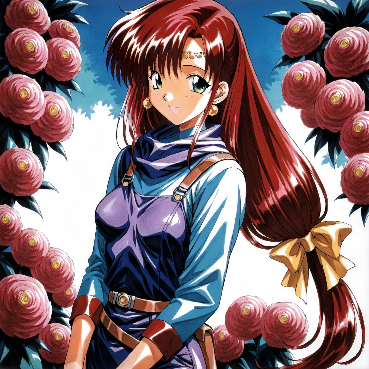<lora:RC_elenoa_ranXLanimagine001>,
masterpiece,high score,great score,absurdres,
flower background,glitter,
smile,
looking at viewer,
solo,
anime coloring,retro artstyle,1990s (style),
elenoa_ran\(rance_series\),1girl,red hair,circlet,low-tied long hair,hair_bow,green eyes,earrings,
cowboy shot,standing,
overalls,jeans,