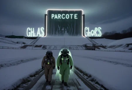 a large concrete structure with a green pool in front of it, field, a person walking through a snow covered field, a man in a gas mask and a gas suit, helmet, text focus, motion blur, sky, neon lights, Industrial_Futurism,