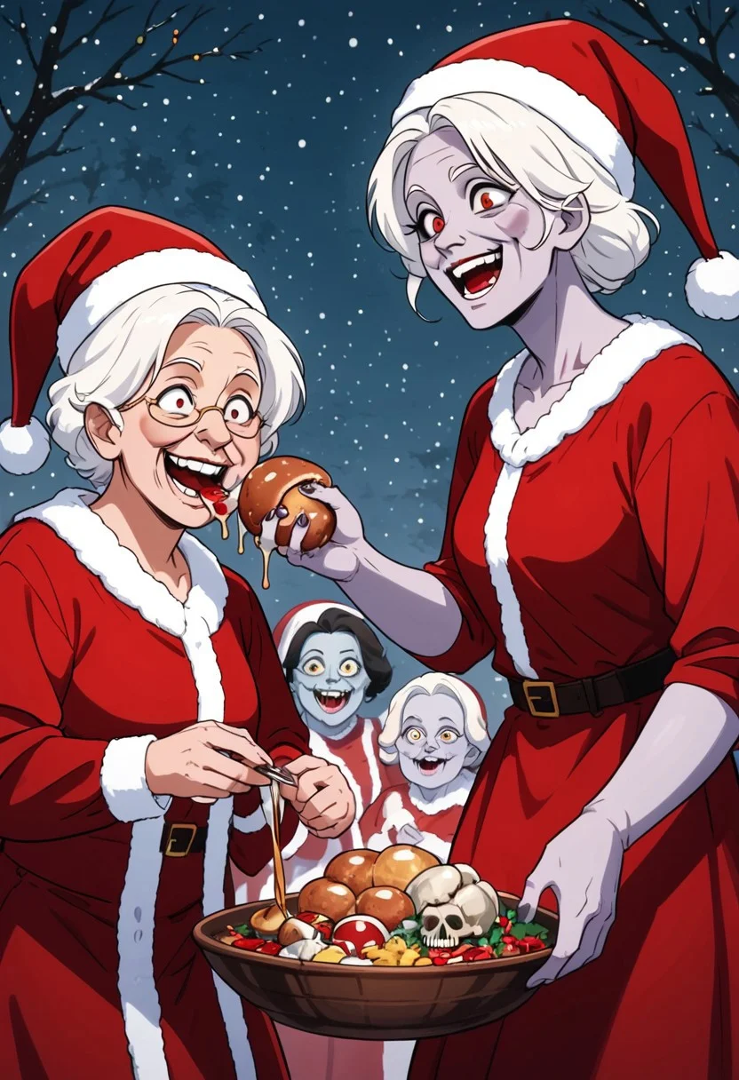 mclaus, white hair, old women, red christmas dress, a zombie old woman eating a brain, pieces of slimy brain are dripping from her mouth, she is smiling, her head is missing part of a skull, her skin is rotten