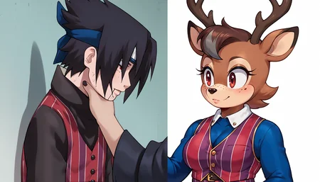 score_9, score_8_up, score_8, sonic \(series\), anthro deer, 1girl, furry, furry female, brown hair, freckles, fur collar, large breasts, deer ears, reindeer antlers, short hair, red eyes, white spots, grey highlights, brown antlers, chubby, white spots, <lora:Robbie_Rotten_outfit:0.7>, Robbie Rotten outfit, long sleeves, striped, pants, vest, vertical stripes, pinstripe pattern, striped pants, black shoes, wrist cuffs, <lora:SasukeChokeEditsMeme_XLPD:1>, IncrsChokeMeme, 1boy