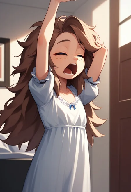 score_9, score_8up, score_7up, HCSV1, HazbinStyle, 1girl, solo, human, little girl, child, long hair, brown hair, messy hair, light blue eyes, black pupils, freckles, white nightgown, short sleeves, puffy sleeves, bare legs, walking downstairs, both eyes closed, stretching, arms raised, hand in front of mouth, yawning, indoors, hotel, red wallpaper, morning, cowboy shot, upper body,
