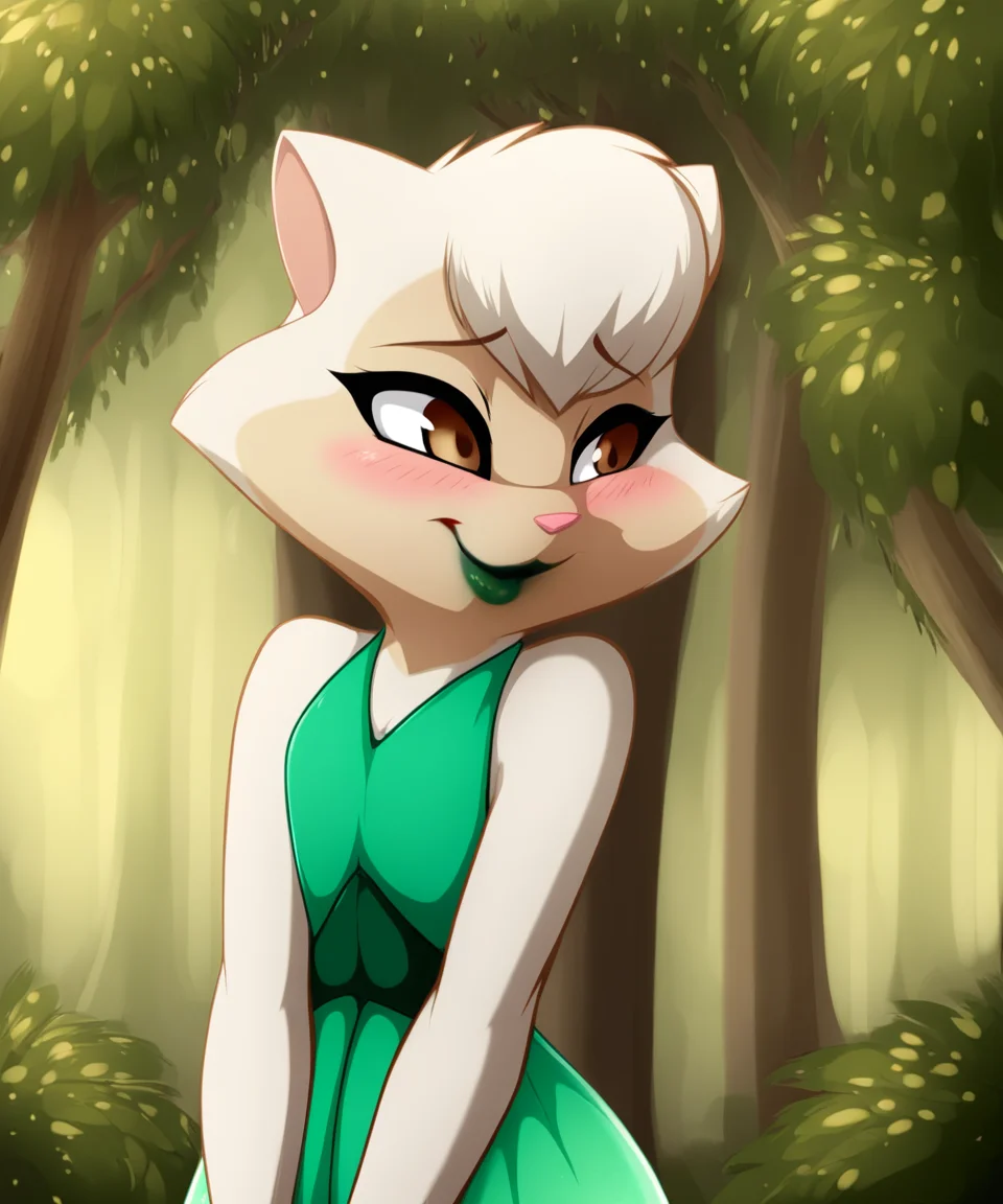 solo, sawyer, female, brown eyes, green dress, arms in front, lipstick, smile, shy, forest, by knight dd,by milodesty,by darkmirage, <lora:SawyerXL_01-Noob-nd64-lr2-ep24:1>