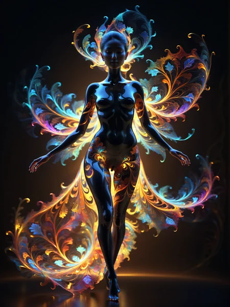 woman with glowing translucent fractal skin, full body, swirling organic patterns, vibrant, ultra hd, vivid colors, perfect composition, soft natural volumetric cinematic lighting, amazing shadows, black silhouette, volumetric light,