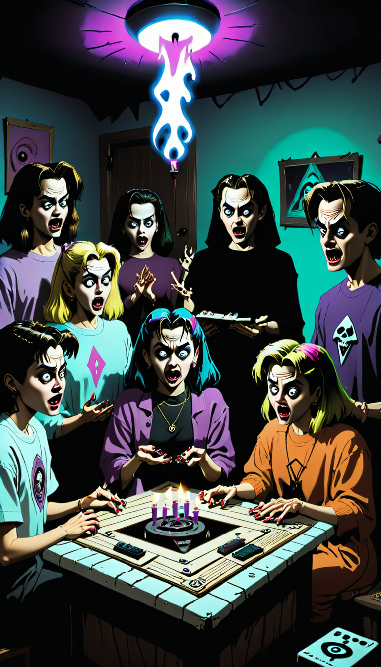 <lora:Everly Heights TaleSpinner:1> Directed By Wes Craven. In a cluttered vaporwave 1990s basement, a group of friends conducts a séance with a Ouija board, lit only by the flickering glow of candles, as an evil spirit creeps in the air above them.