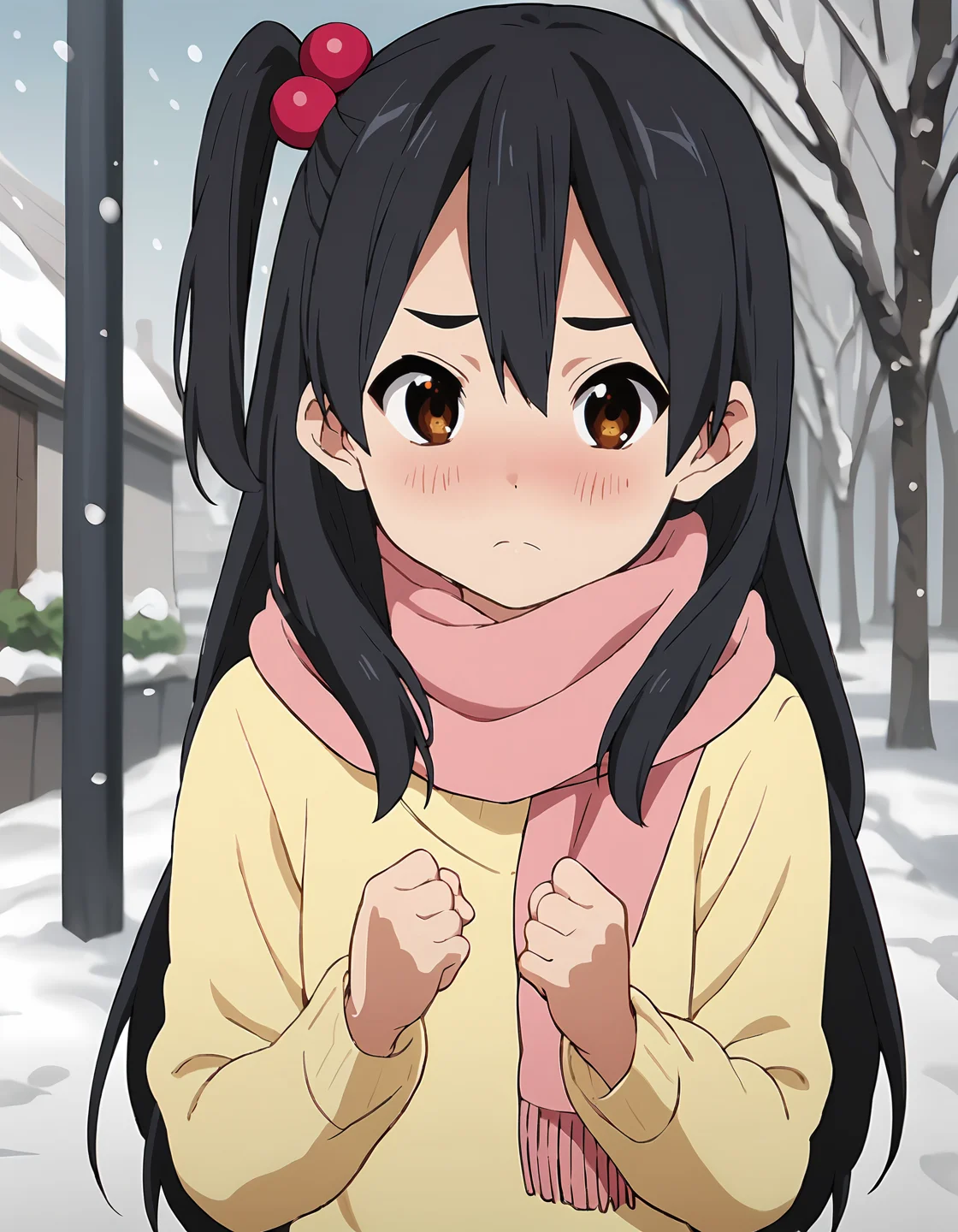score_9, score_8_up, score_7_up, score_6_up, score_5_up, score_4_up, <lora:AnkoT_T2V0:0.85>,
1girl, solo, source_anime, anime screencap,
AnkoT_T2V0, female child, black hair, long hair, one side up, hair between eyes, brown eyes, hair ornament, hair bobbles,
pink scarf, yellow sweater, long sleeves, ribbed sweater,
hands up, clenched hands,
looking at viewer, raised eyebrows, light frown, nose blush,
outdoors, snowing, upper body,