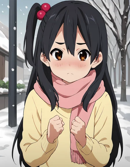 score_9, score_8_up, score_7_up, score_6_up, score_5_up, score_4_up, <lora:AnkoT_T2V0:0.85>,
1girl, solo, source_anime, anime screencap,
AnkoT_T2V0, female child, black hair, long hair, one side up, hair between eyes, brown eyes, hair ornament, hair bobbles,
pink scarf, yellow sweater, long sleeves, ribbed sweater, 
hands up, clenched hands, 
looking at viewer, raised eyebrows, light frown, nose blush, 
outdoors, snowing, upper body,