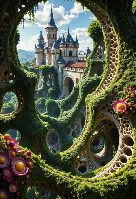 High-resolution realistic photograph of alienplants botanical garden, french renaissance castle in background