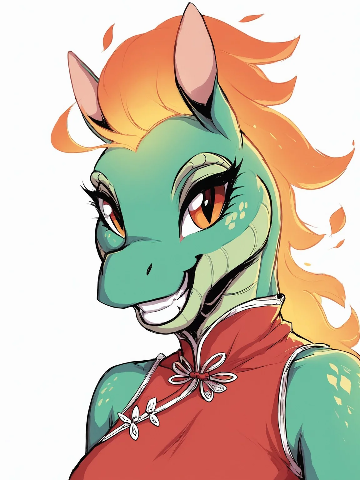 score_9,score_8,score_7,source_furry,
<solo:1.5>,
<1girl:1.5>,
dragon horse,
female,
tits,
dress,
fire hair,
flame hair,
flames,
anthro,
qipao,
green body,
green  scales,
upper body,
face focus,
face zoom,
<white background:1.5>,
<simple background:1.5>,
 <lora:Tianhuo_F_Herds_Pony_SDXL:1> tianhuo_tfh, happy,
smile,
teeth,
tongue