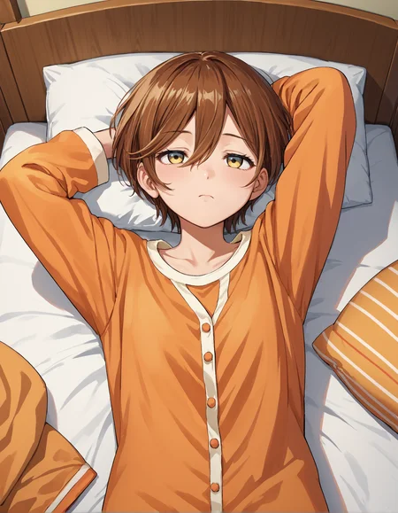 score_9, score_8_up, source_anime, 1girl, upper body, medium shot, detailed, mgrcsasameyozuru, brown hair, short hair, yellow eyes, gradient eyes, orange pajama, sleepy, lying, from above, indoors, bedroom, bed, pillow, hand behind head, <lora:mgrcsasameyozuru_XL:0.75>