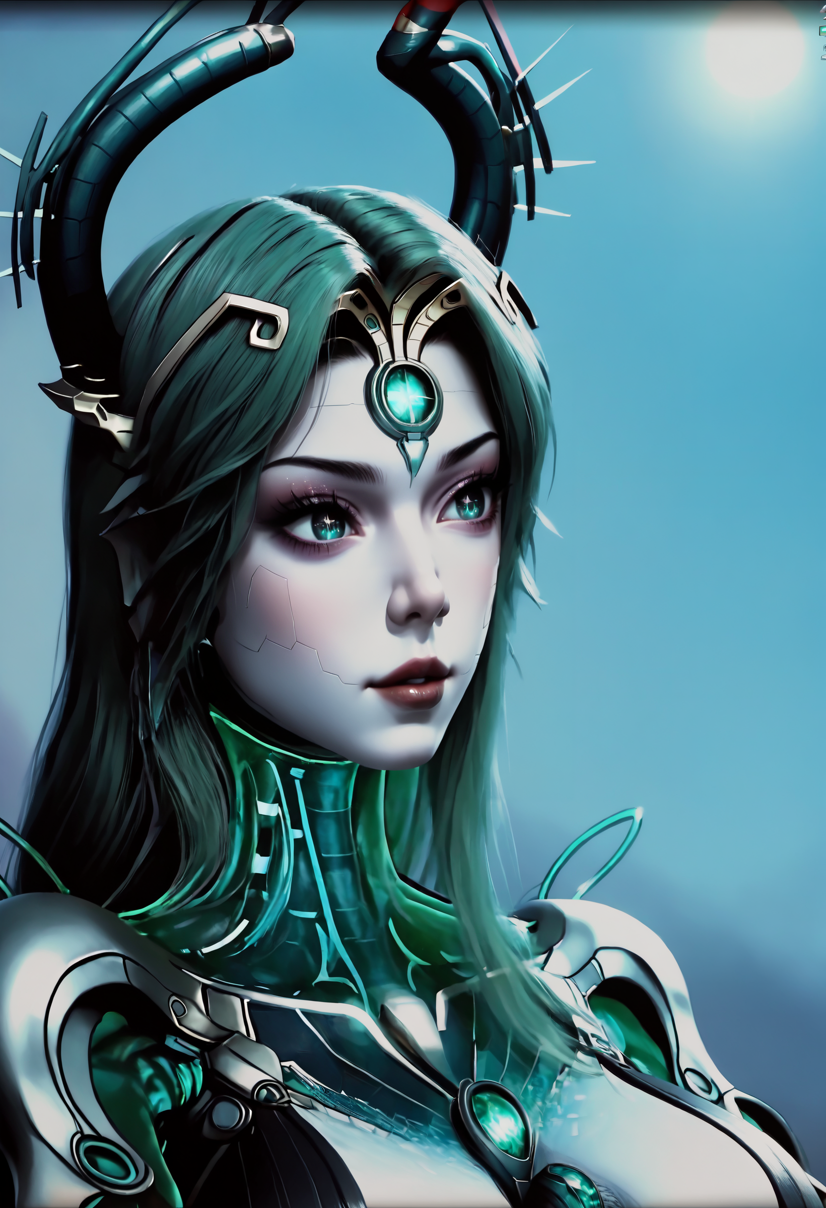 Masterpiece, best quality, amazing quality, very aesthetic, high resolution, ultra-detailed, absurdres, HDR, cinematic lighting, highres, newest, 
poyu, PoYu, snake woman, cyborg lamia, futuristic snake-themed character, biomechanical hybrid, snake tail lower body, green hair, 1girl, solo, long hair, portrait, black hair, cyborg, forehead jewel, looking to the side, black eyes, lips, metallic body parts, teal glowing eyes, forehead jewel, cyberpunk aesthetic, techno-organic design, snake horns, glowing teal highlights, holographic elements
