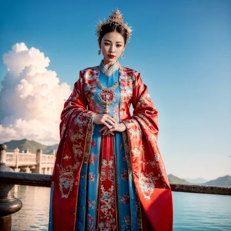 (8k, RAW photo, best quality, masterpiece:1.2), (realistic, photo-realistic:1.4), ultra-detailed, (Internet celebrity beauty),perfect detail , make up,(full body shot),China Jiangnan water town style, (cloud),zshs, a woman in a red and blue dress and a crown,<lora:zshs-10:0.8>
