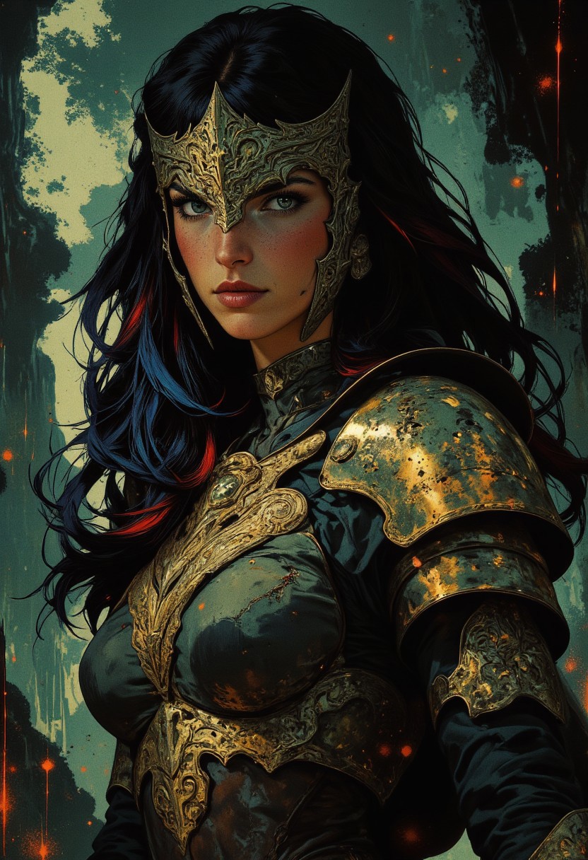 stunning femaleknight, long multicoloured hair (dark with blue and red highlights), half-helm, bangs, dark eyeshadow, red lips, bronze plated armour, standing  in a forest, closeup  profile image, High Detail, Perfect Composition, in shadow with shafts of light, high contrast, silhouetted, chiascuro