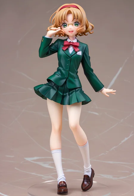 score_9, score_7_up, source_anime, solo, BREAK AEFuuDef, green eyes, curly hair, parted bangs, short hair, glasses, rimless eyewear, round eyewear, red hairband, school uniform, green jacket, blazer, long sleeves, collared shirt, white shirt, red bowtie, green skirt, miniskirt, pleated skirt, white socks, kneehighs, brown footwear, loafers,
standing, smile, <lora:AEFuu-000009:0.8>