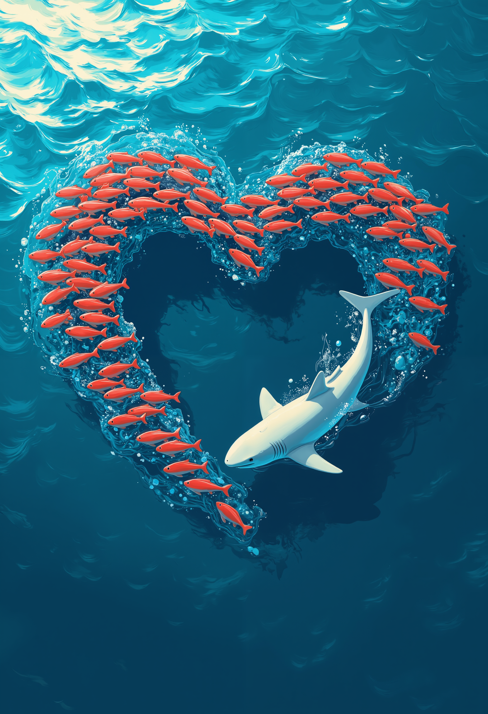 Illustration style with an emphasis on a bird's-eye view from above the open sea.
A school of red-colored fish swimming in the water forming the heart shape.
The flock of fish moves gracefully through the clear water, their collective motion creating a heart-shaped formation. The fish swim together in harmony, each contributing to the heart's outline.
A giant white shark swims up towards the school of fish, positioning itself within the shape.
From above the water's surface, the ocean floor is clearly visible, emphasizing the bright colors and dynamic interaction between fish and shark.
aidmamj6.1 <lora:Blue_Future:0.6> <lora:aidmaMJ6.1-FLUX-v0.4:0.8>