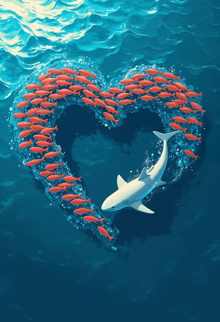 Illustration style with an emphasis on a bird's-eye view from above the open sea.
A school of red-colored fish swimming in the water forming the heart shape.
The flock of fish moves gracefully through the clear water, their collective motion creating a heart-shaped formation. The fish swim together in harmony, each contributing to the heart's outline.
A giant white shark swims up towards the school of fish, positioning itself within the shape.
From above the water's surface, the ocean floor is clearly visible, emphasizing the bright colors and dynamic interaction between fish and shark.
aidmamj6.1 <lora:Blue_Future:0.6> <lora:aidmaMJ6.1-FLUX-v0.4:0.8>