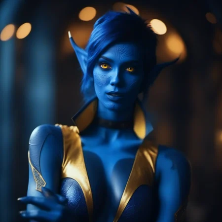 cinematic photo a full body woman with blue skin, blue body paint, pointy ears, devil tail, yellow eyes <lora:NightCrawler1024:0.8> . 35mm photograph, film, bokeh, professional, 4k, highly detailed