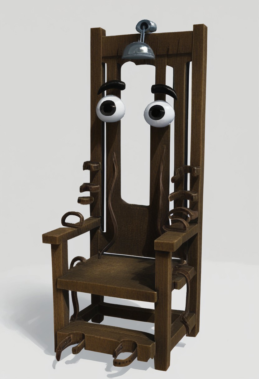 full body view ,at distance, cl1ppy, pokemon (creature),medieval dungeon background,sit on electric chair, medieval dungeon