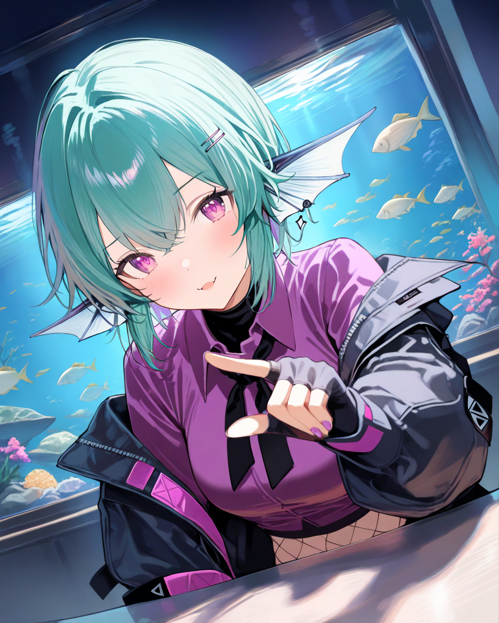 1girl, FinanaRyuguNijisanji, 
safe, solo, perspective, dutch angle, upper body,
dating, pointing, short hair, purple_eyes,
black jacket,
purple shirt, long sleeves,
fingerless gloves,
black undershirt, black neckerchief, croptop, fishnets,
aquarium,
<lora:kp_FinanaRyuguNijisanjiAnimagineXL_v1_1:1.0>,
masterpiece, high score, great score, absurdres