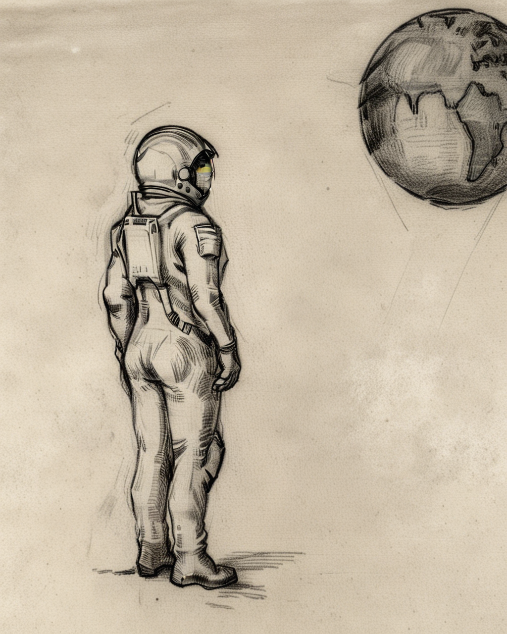 pixeldust_sketch, (lone astronaut floating in space, gazing back at a distant fragile Earth)0.8