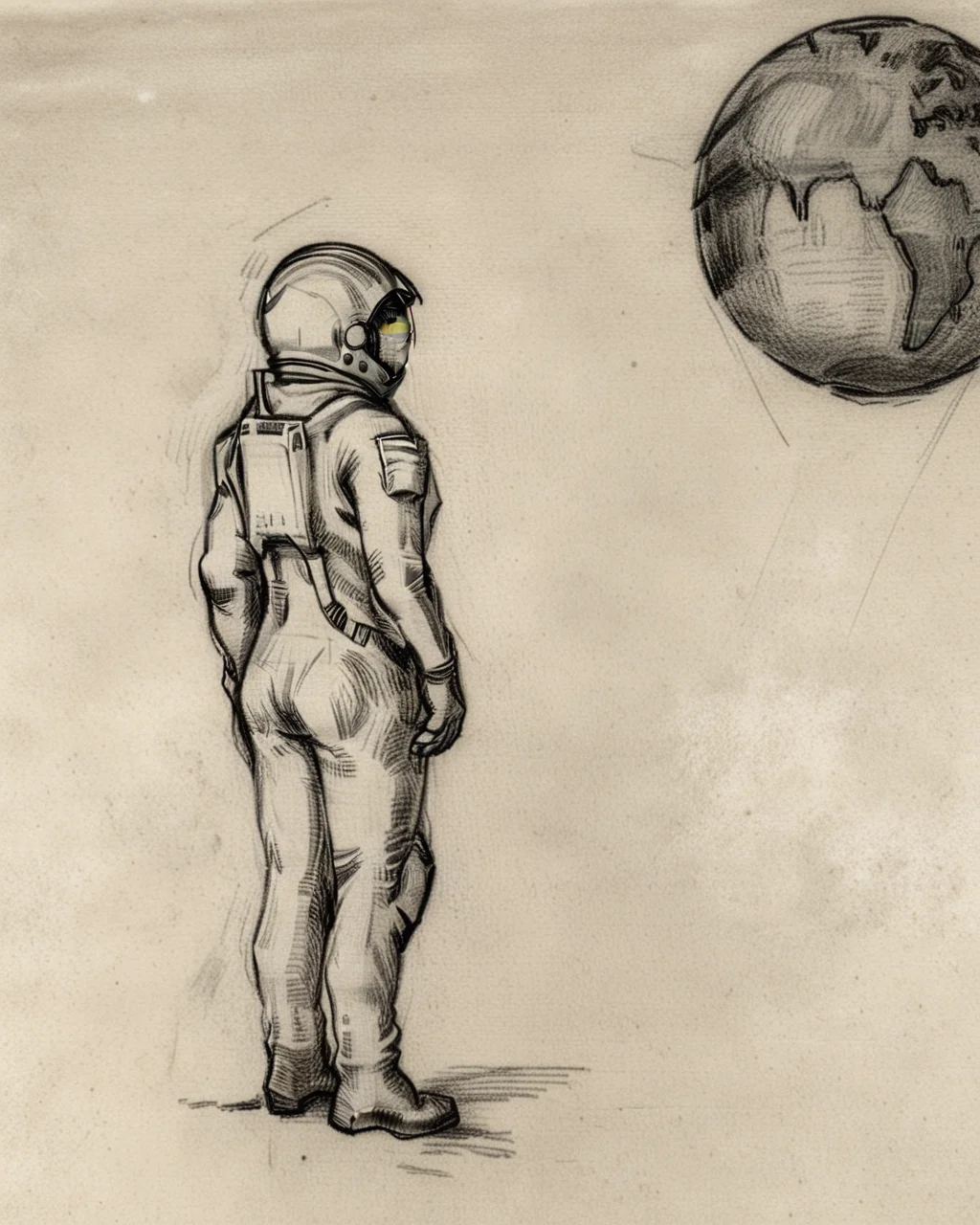 pixeldust_sketch, (lone astronaut floating in space, gazing back at a distant fragile Earth)0.8
