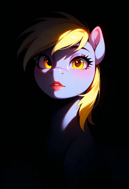 1girl,Derpy Hooves (My Little Pony), lips, thin lips, parted lips, solo, looking at viewer, pegasus, upper body, dark, underlightling, masterpiece, best quality, very aesthetic