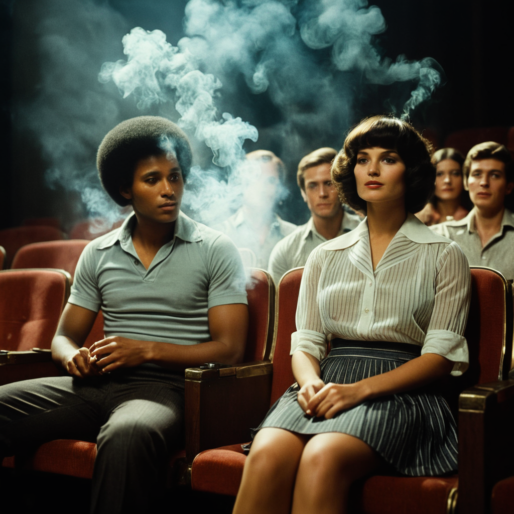 cinematic film still of  <lora:1970's style:1>
In the 1970's a young man and a woman sitting in a theater watching a movie, smoke, haze, touchin,1girl,breasts,short hair,skirt,shirt,black hair,1boy,cleavage,sitting,indoors,dark skin,chair,white skirt,striped shirt,realistic,dark,afro , realistic,realism, detailed, perfection,perfect,filmic,retro,vintage,classic,different haircut,different look,different style,different people, 1970's style , 1970 style, shallow depth of field, vignette, highly detailed, high budget, bokeh, cinemascope, moody, epic, gorgeous, film grain, grainy