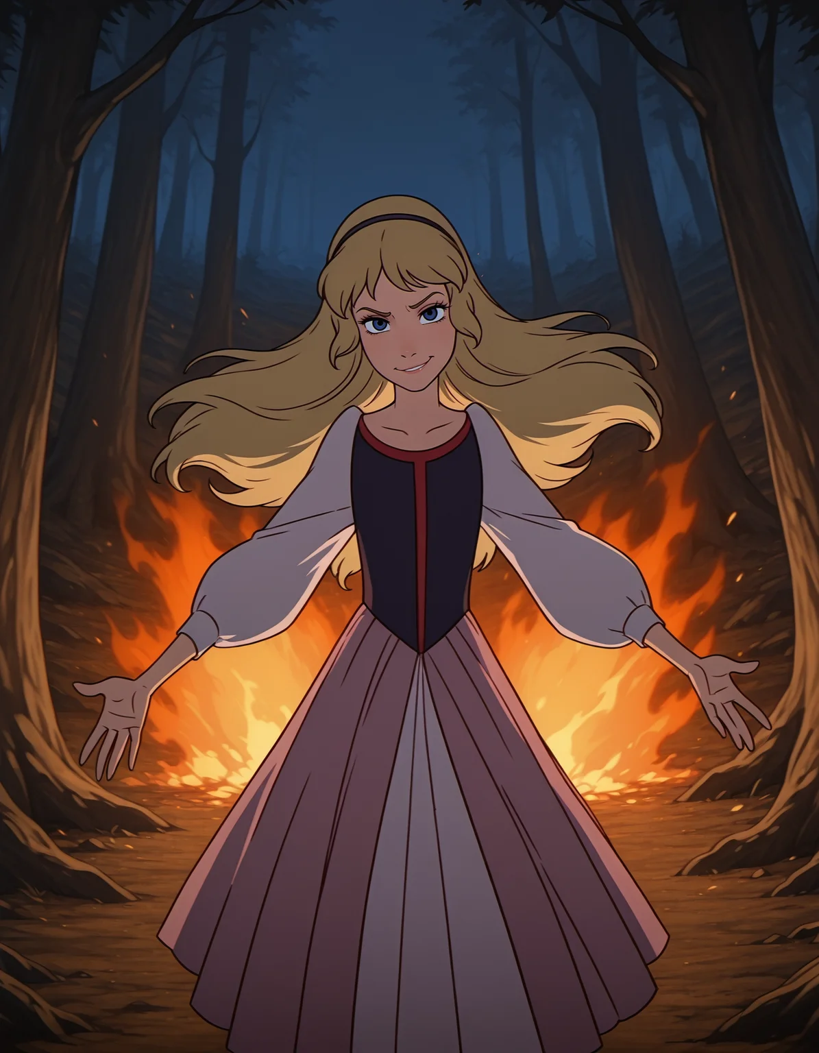 <lora:eilonwy-illustrious-000020:1> eilonwy, dress, hairband, 1girl, solo, smirk, looking at viewer, outstretched arms, burning, embers, forest, night, masterpiece, best quality