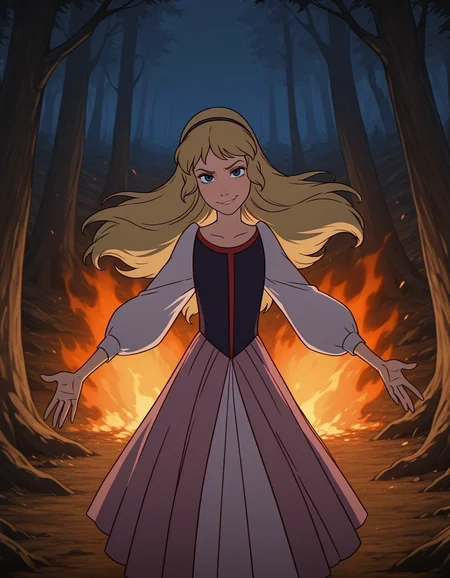 <lora:eilonwy-illustrious-000020:1> eilonwy, dress, hairband, 1girl, solo, smirk, looking at viewer, outstretched arms, burning, embers, forest, night, masterpiece, best quality