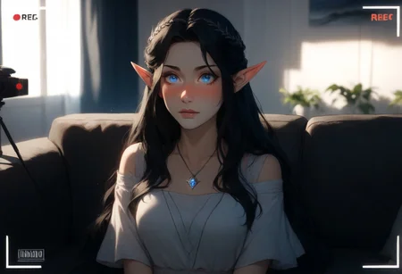 Fullmetal_alchemist style, triba1gir1XL, score_9, score_8_up, score_7_up, 1girl, Arwen_Undómiel, Arwen_(Lord_of_the_Rings), Evenstar, evenstar_pendant, pendant, jewelry, Arwen, elf, blue eyes, black hair, long hair, sidelocks, (embarrassed), sitting, full-face blush, on couch, (recording), media player interface, battery indicator, Scenery, indoors, (casting_couch:1.2)