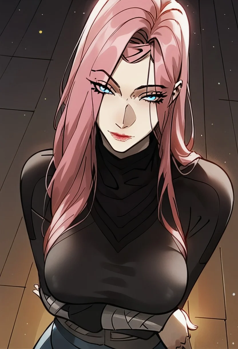 (score_9, score_8_up, score_7_up, score_5_up, score_5_up), Expressiveh, detailed face, longshuyun, 1gir, pink hair, long hair, blue eyes, eyes visible through hair, makeup, lipstick, large breasts, black sweater, turtleneck, masterpiece, best quality, head tilt, looking at viewer, facing viewer, dynamic angle, golden light,light particles, arms under breasts, long legs, hips, vibrant color, daylight, full body shot, centered, focus on breasts