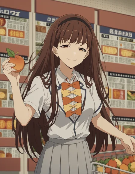 score_9, score_8_up, score_7_up, source_anime, <lora:hibari-houkobaru-s1-ponyxl-lora-nochekaiser:1>, hibari houkobaru, long hair, bangs, brown hair, brown eyes, hairband, black hairband, medium breasts,, shirt, bow, cleavage, school uniform, white shirt, short sleeves, collared shirt, skirt, pleated skirt, grey skirt, bowtie, yellow bowtie, orange bowtie, grocery store, shopping cart, picking fruits, everyday life, , smile, , smug, solo,, cowboy shot, dutch angle