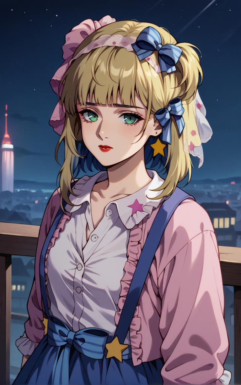 score_9, score_8_up, score_7_up, looking at viewer,  BREAK
ANIME_PresenceDoll_RobotCarnival_ownwaifu, 
1girl, green eyes, makeup, messy hair, blonde hair, hair bow, long hair, jewelry, bangs, blue bow, bow, ribbon, collarbone, star earrings, earrings, lipstick, nail polish, hair ornament, hair ribbon, brown hair, multicolored hair, red lips, blunt bangs, two-tone hair
purple dress, frilled dress, dress, doll, horror \(theme\), sad, long sleeves, frills, star (symbol), shirt, striped, veil, polka dot, white shirt, suspenders, pink shirt, collared shirt, blue skirt, star print, frilled shirt collar, frilled sleeves, shirt tucked in, pink headwear, open clothes, 
(standing, arm_support), railing, cityscape, night, city, city lights, scenery, starry sky, outdoors, <lora:PONYXL_PresenceDoll_RobotCarnival_ownwaifu:0.8> , depth of field, solo,