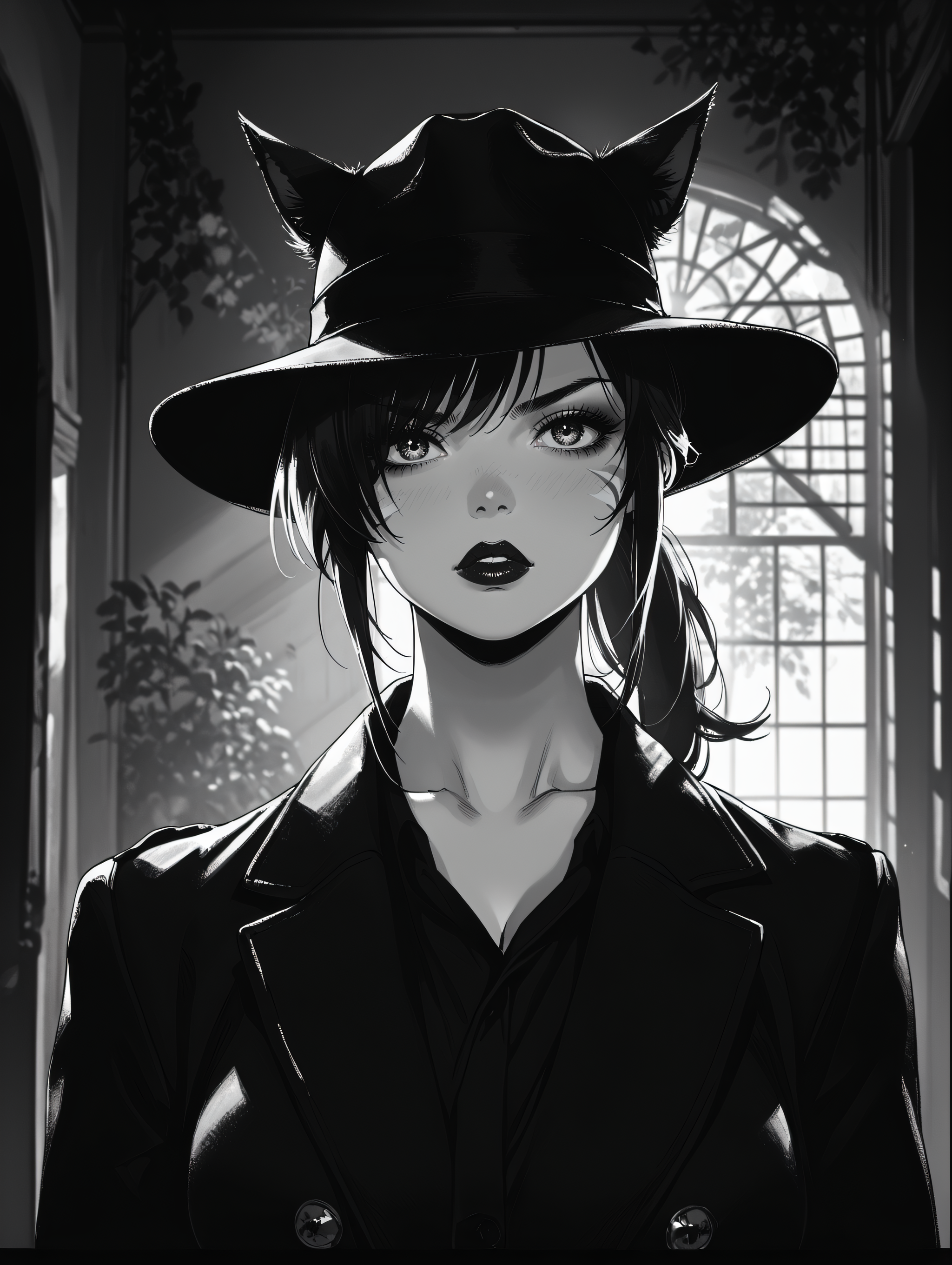 score_9, score_8_up, score_7_up, source_anime, cinematic lighting, dramatic lighting, s1_dram, <lora:S1_Dramatic_Lighting_v2:0.55>, (monochrome), high contrast, rim lighting,
BREAK
<lora:50s_Noir_Movie:0.6>, ArsMovieStill, 50s Noir Movie Still, opt-femme fatale, detective, fedora, dimly lit , trench coat, silhouette, dining room, floral wallpaper, film, (close up), (portrait), serious expression,
BREAK
1girl, <lora:thusiast-v1:0.6>, thu5145t, ponytail, (cat ears), cat tail, miqo'te, hair over one eye, (huge breasts), toned body, lipstick, makeup