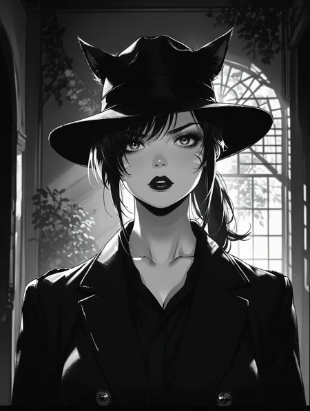score_9, score_8_up, score_7_up, source_anime, cinematic lighting, dramatic lighting, s1_dram, <lora:S1_Dramatic_Lighting_v2:0.55>, (monochrome), high contrast, rim lighting,
BREAK
<lora:50s_Noir_Movie:0.6>, ArsMovieStill, 50s Noir Movie Still, opt-femme fatale, detective, fedora, dimly lit , trench coat, silhouette, dining room, floral wallpaper, film, (close up), (portrait), serious expression,
BREAK
1girl, <lora:thusiast-v1:0.6>, thu5145t, ponytail, (cat ears), cat tail, miqo'te, hair over one eye, (huge breasts), toned body, lipstick, makeup