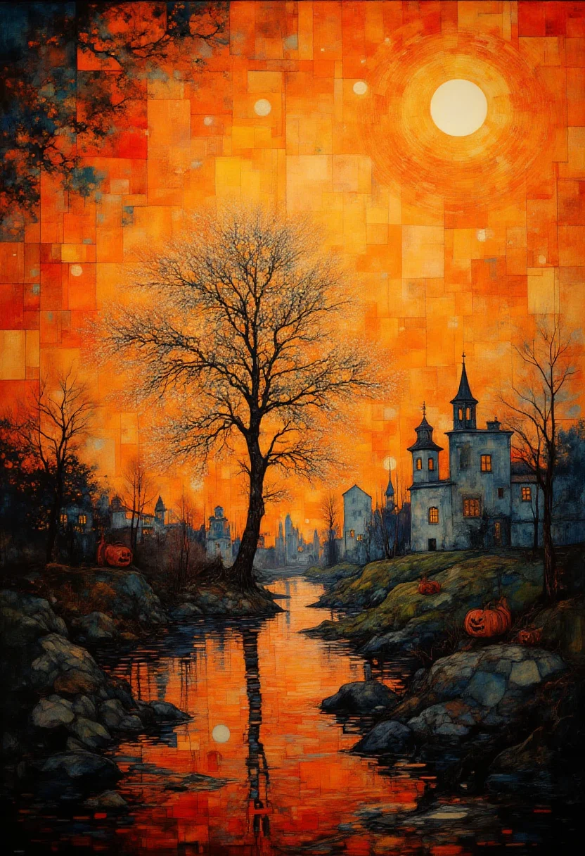 Witness the remarkable harmonization of contrasting elements in this mesmerizing Ebru artistry blend. Vibrant golden sunset hues intertwine with ghostly Halloween shades, creating a surreal landscape of enchantment and intrigue. This captivating photorealistic painting possesses a transcendent quality, where reality seamlessly transitions into an illusionary realm of wonder. Delicate brushstrokes showcase intricate foreshortening details, reminiscent of an abstract masterpiece, inviting the viewer to dive deeper into this mystical domain. A lone willow tree stands tall amidst this celestial symphony, its branches reaching toward the heavens, as if yearning to embrace the ethereal essence of the canvas. The mesmerizing color palette showcases a spectrum of warm sunset tones and eerie twilight shadows that dance across the canvas, revealing an atmosphere charged with the uncanny and enchantment. ,<lora:Digital painting V1.safetensors:1.0> ,