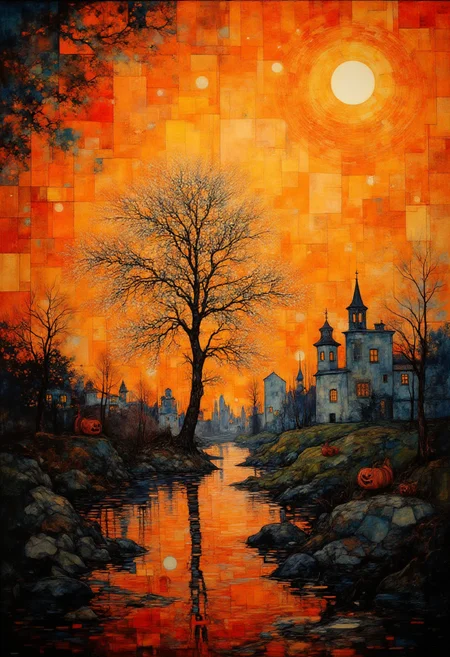 Witness the remarkable harmonization of contrasting elements in this mesmerizing Ebru artistry blend. Vibrant golden sunset hues intertwine with ghostly Halloween shades, creating a surreal landscape of enchantment and intrigue. This captivating photorealistic painting possesses a transcendent quality, where reality seamlessly transitions into an illusionary realm of wonder.  Delicate brushstrokes showcase intricate foreshortening details, reminiscent of an abstract masterpiece, inviting the viewer to dive deeper into this mystical domain. A lone willow tree stands tall amidst this celestial symphony, its branches reaching toward the heavens, as if yearning to embrace the ethereal essence of the canvas. The mesmerizing color palette showcases a spectrum of warm sunset tones and eerie twilight shadows that dance across the canvas, revealing an atmosphere charged with the uncanny and enchantment. ,<lora:Digital painting V1.safetensors:1.0> ,